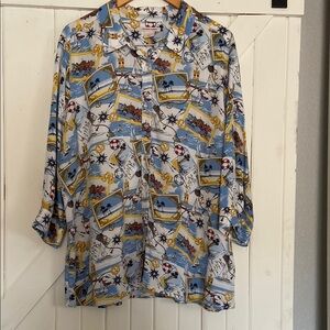 Allison Daley XL Bon Voyage Nautical Print Button-Up Shirt Rayon 3/4 Sle…